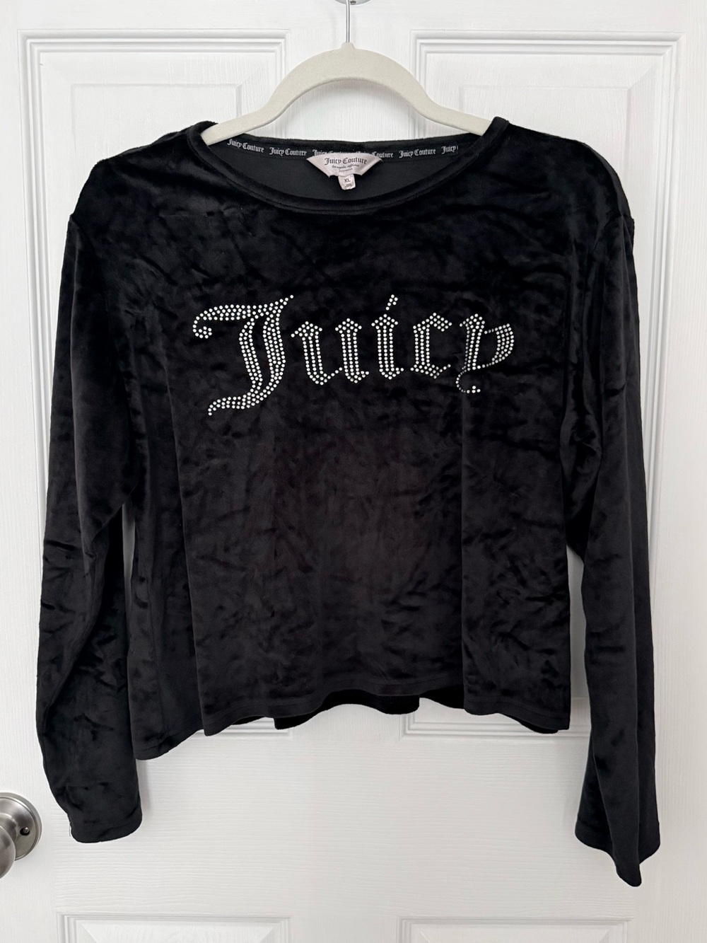 Juicy Couture Black Velour Rhinestone Logo Cropped Y2K McBling Top XL